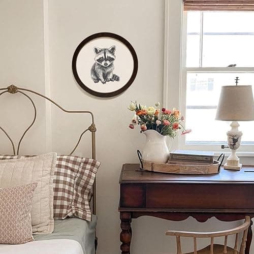SkyCozy Raccoon Animal Nursery Framed Wall Art Decor, Neutral Baby Raccoon Trash Panda Wild Animal Round Wooden Hanging Wall Decor for Kids Boy Girl Nursery Room Bedroom Playroom, 10x10 Inch thumbnail 4