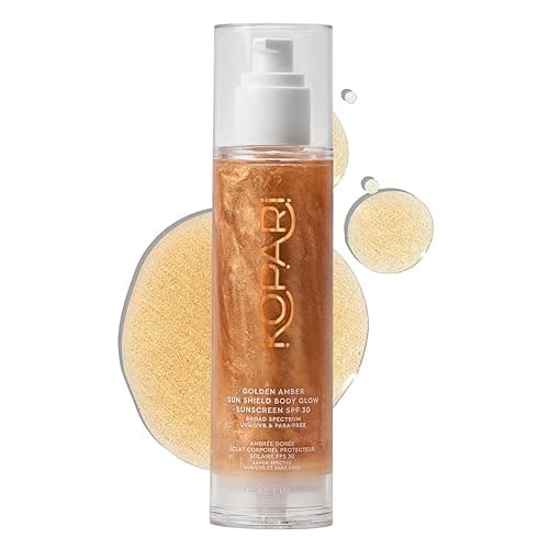 Kopari Sun Shield Body Glow, Broad Spectrum SPF 30, Lightweight Shimmering Gel Texture Absorbs Quickly, Non Sticky, Glowing Results, Golden Amber 5 oz - Golden Amber