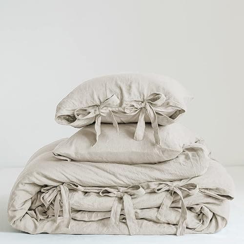 Simple&Opulence 100% Linen Duvet Cover Set, 3 Pieces Belgian Flax Breathable Bedding, Queen Size 88''x92'' (1 Comforter Cover+2 Pillowshams) with Tie Closure Style,Linen - Image 1