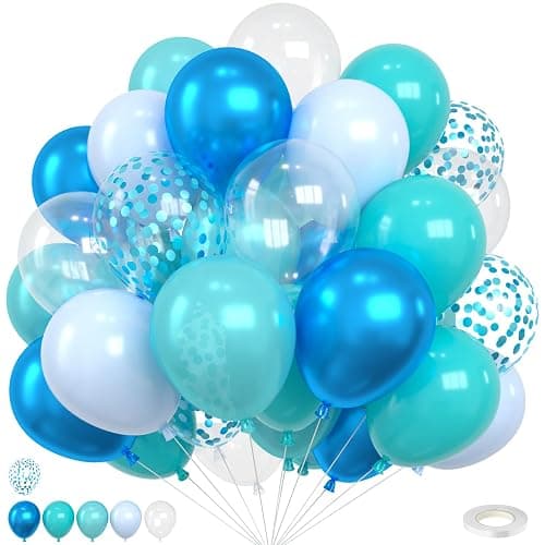 Ocean Balloons,12 Inch Teal Blue Pearl Blue Metallic Blue Clear Balloons and Confetti Balloon with Ribbon for Sea Themed Pool Birthday Baby Shower Decorations - Image 1