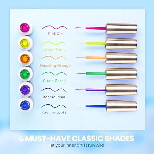 beetles Gel Polish Nail Art Gel Liner Set 6 Neon Gel Nail Polish Colors Hot Pink Orange Blue Yellow Paint for Nails Built Thin Brush in Bottle Soak off Uv LED Lamp Rainbow Nails Summer thumbnail 3