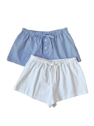 MakeMeChic Women's 2 Pack Linen Shorts Summer Beach Pajama Boxer Shorts - Image 1