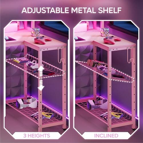 Bestier 71.5 inch Gaming Desk with Power Outlet, Large LED Computer Desk with Monitor Stand, L Shaped Desk with Storage Shelf, Cup Holder & Headset Hooks, Corner Gamer Desk for Bedroom Pink thumbnail 6