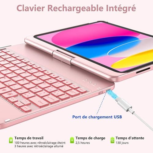 KBCASE Clavier pour iPad 10/11Ème Génération (10.9 Pouces 2022/11 Pouces A16 2025) 360 Flip Clavier sans Fil Bluetooth avec Multi-Touch Trackpad & éclairage Coloré à 7 Couleurs pour iPad 10/11 ème A16 thumbnail 6