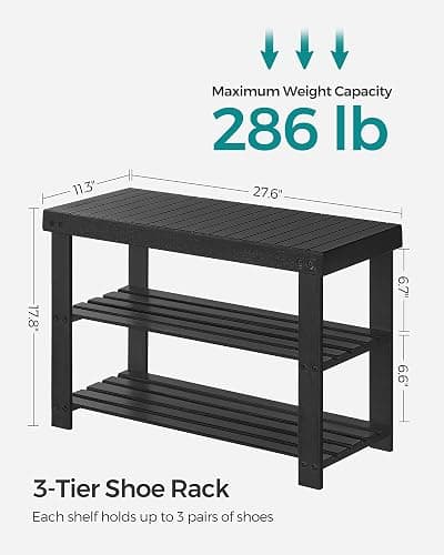 SONGMICS Shoe Rack Bench, 3-Tier Bamboo Shoe Storage Organizer, Entryway Bench, Holds Up to 286 lb, 11.3 x 27.6 x 17.8 Inches, for Entryway Bathroom Bedroom, Ink Black ULBS04H thumbnail 5
