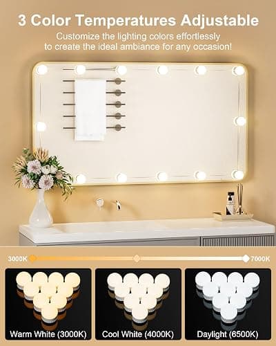 Yarnock 14 Bulbs LED Vanity Lights for Mirror, 3000K 4000K 6500K & 10-Brightness, Wire Length Adjustable, USB Cable, Hollywood Mirror Lights for Makeup Dressing Room Bathroom, White thumbnail 3