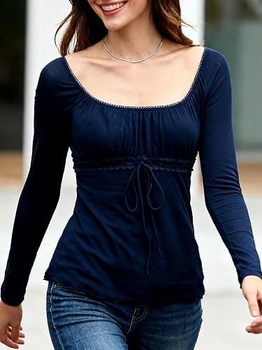 Y2K Mesh Top Women Long Sleeve Shirts Scoop Neck Ruffle Hem Babydoll Blouse thumbnail 5