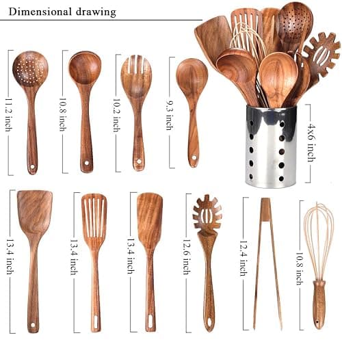Kitchen Utenails Set with Holder,Kitchen Wooden Utensils for Cooking, Wood Utensil Natural Teak Wood Spoons for Cooking,Wooden Kitchen Utensil Set With Spatula and Ladle (11) thumbnail 3