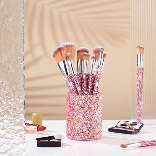 Rtteri 13 Pcs Rhinestone Pink Makeup Brushes Set Bling Crystal Professional Face Cosmetics Blending Liquid Foundation Powder Concealer Eye Shadows Make up Beauty Tool Glitter with Holder thumbnail 7