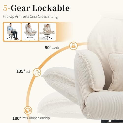 Criss Cross Office Chair with Footrest - 5-Gear Flat Armrests Corduroy Desk Chair, Reclining Wide Ergonomic Computer Chair with Lumbar Pillow, High Back Swivel Vanity Chair thumbnail 4