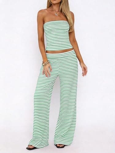 Fhykiss Women Striped Two Piece Set Tube Top Wide Leg Pants Summer Casual Matching Lounge Set Beach Vacation Travel thumbnail 4