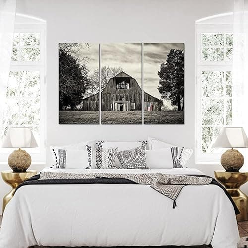 VANSEEING 3 Pieces Rustic Barn Canvas Wall Art Black and White Old Barn with USA Flag Painting Print Vintage Cabin Landscape Picture for Farmhouse Home Decor 16x32inchx3pcs thumbnail 4