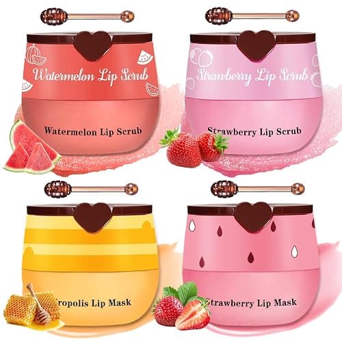 LZXLUKGIR 4PCS Lip Scrub and Mask Set,Strawberry and Honey Pot Lip Balm,Reduces Lip Lines Lip Exfoliator Scrub and Moisturizer,Repair Bee Lip Balm and Lip Scrub Set,Lip Mask Overnight - Image 1