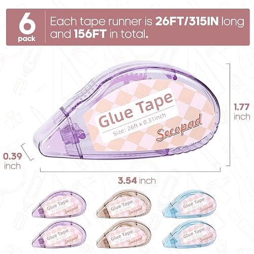 Secopad Scrapbook Tape, 6 Pack Double Sided Tape Roller for Crafts, Adhesive Glue Runner Scrapbooking Supplies Journaling School Office Supplies for Kids and Adults, 0.3IN x 26FT thumbnail 6