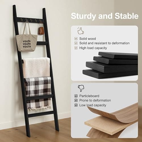 TEAKMAMA 6-Tier Blanket Ladder for Living Room and Bedroom,5.4 Ft Wall Leaning Quilt Rack with Hooks,Rustic Decorative Farmhouse Blanket Storage,Stylish Ladder Holder,Christmas Decorations,Black thumbnail 5