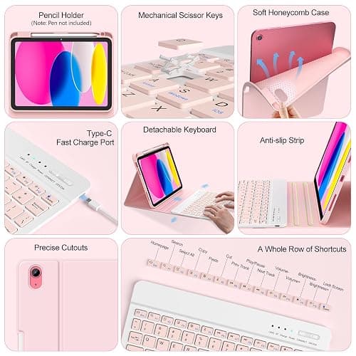 COO Keyboard Case for iPad 11/10th Gen 11/10.9 inch 2025 A16/2022, Detachable Wireless Bluetooth Case with Keyboard Built-in Right Side Pencil Holder, Auto Wake/Sleep for iPad A16 KeyboardCase (Pink) thumbnail 2