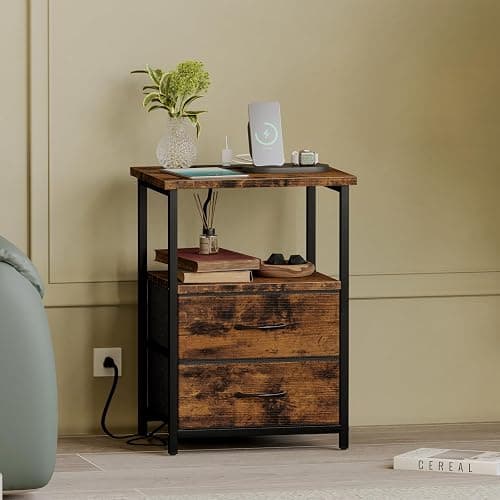 Fixwal Night Stand with Charging Station, 2 Fabric Drawers, Rustic Brown | built-in bedside charger, 2 AC outlets & 2 usb ports, 2 wooden shelves, end table with storage, bedroom, living room thumbnail 2