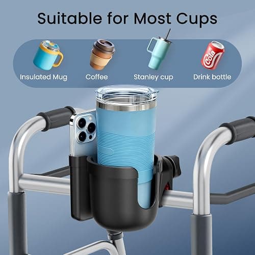 Guiseapue Cup Holder for Walker, Wheelchair Cup Holder with Phone Holder, Rollator Accessories for Seniors & Adults, Drink Holder for Rolling Walker, Wheelchair, Bike, Mobility Scooter, Stroller thumbnail 2