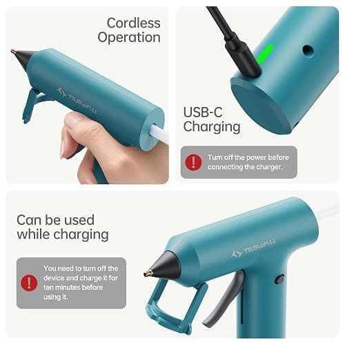 Tilswall Cordless Hot Glue Gun W106s with Rechargeable 2Ah Blue | 90s Fast Preheating, Glue Gun and Sticks Set (7×140mm), 20 Glue Sticks, Compact Ideal for School Crafts, DIY Making, Repairs thumbnail 4