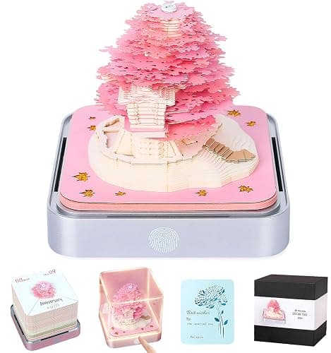 RSLIPIN 3D Memo Pad Time Piece Calendar 2026,3D Calendar Memo Pad DIY Notes Notepad Paper Craft Art Romantic Tree House,2026 3D Desk Calendar With LED Lights,Pink - Image 1