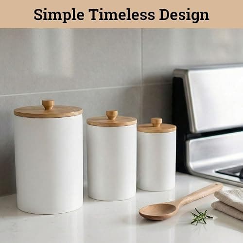 Ceramic Kitchen Canisters for Countertop Set of 3 with Airtight Bamboo Lids - White Kitchen Canisters with Airtight Lids - Flour Sugar Canister Set - Flour and Sugar Containers Farmhouse - Coffee Jar thumbnail 8