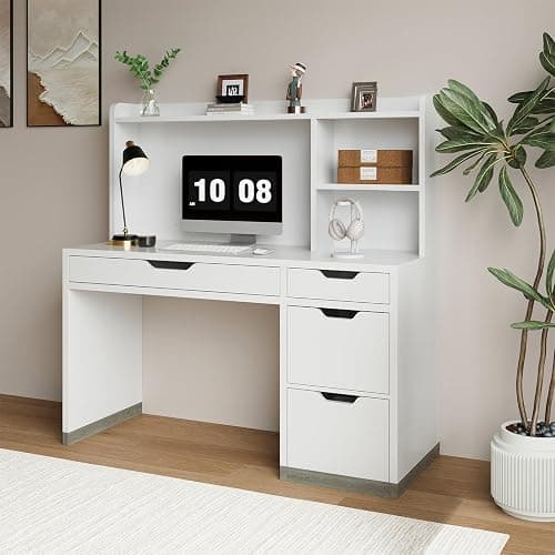 MaverickFurni White Desk with Hutch and Drawers, 53 Inch Computer Desk with Storage File Drawer, White Study Desk with 4 Drawers for Bedroom, Small Space thumbnail 3