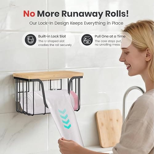 KONE Large Trash Bag Holder, 2 Pack Garbage Bag Dispenser, Storage Stackable Kitchen Organizer with Bamboo Top, Wall Mount Laundry Pantry Organization Black thumbnail 4