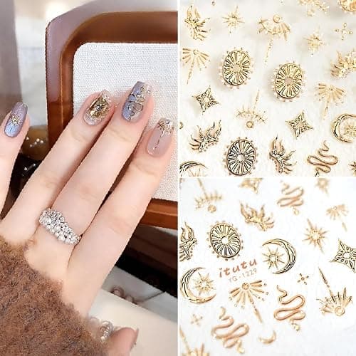 5D Embossed Gold Nail Art Stickers Star Nail Stickers for Nail Art Moon Star Nail Decals Snake Nail Design Gold Nails Supplies for Women Girls DIY Nails Decoration Accessories thumbnail 3