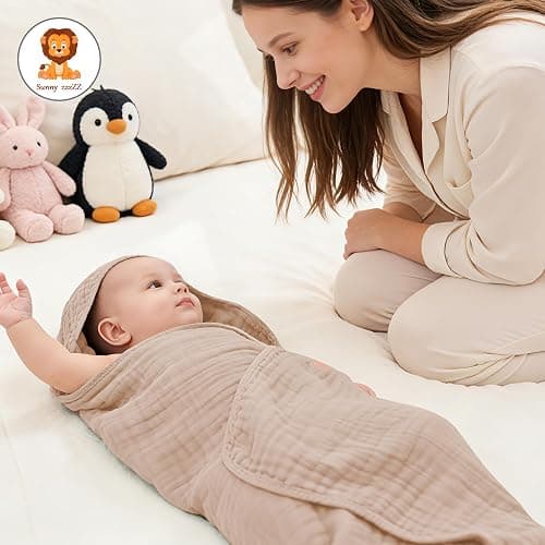 Sunny zzzZZ Muslin Hooded Baby Bath Towels - 3 Pack 100% Cotton Soft Low-Saturation Pastel Towels Including Classic White for Newborns, Infants, Toddlers - 32x32 Inch - Ivory, Brown and White thumbnail 5
