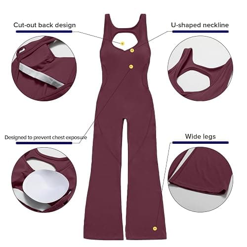 OEAK Womens Flare Jumpsuit with Bra Tummy Control Cutout Romper Workout Outfit Sleeveless Unitard One Piece Backless Bodysuit thumbnail 2
