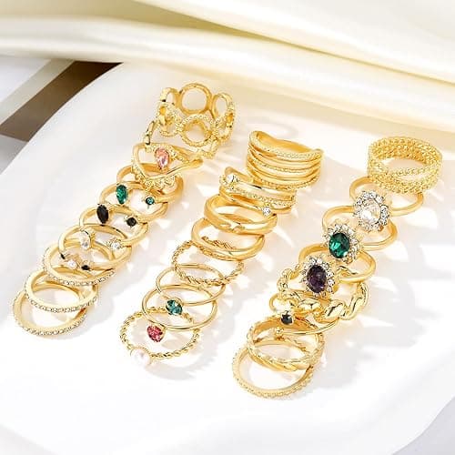 Gold Boho Sparkle Knuckle Rings Set For Women, Vintage Fashion Aesthetic Trendy Joint Snake Ring Pack, Retro Green Black Pink Colorful Rhinestone Star Crystal Leaf Diamond Pearl Jewelry thumbnail 4