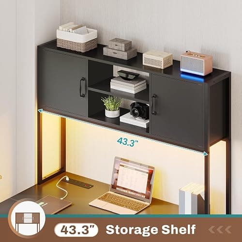 SEDETA Reversible L Shaped Corner Gaming Desk with Drawers, Led Lights | Corner Computer Desk with Fabric Drawers, Power Outlet, Hutch and Storage Shelf for Home Office, Black thumbnail 5