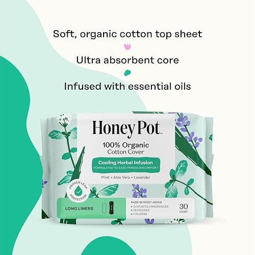 The Honey Pot Company - Cooling Herbal - Long Panty Liners for Women | Cooling Effect - Infused w/Mint, Aloe, Lavender, Rose - Organic Cotton Cover - Feminine Care - 120ct thumbnail 4