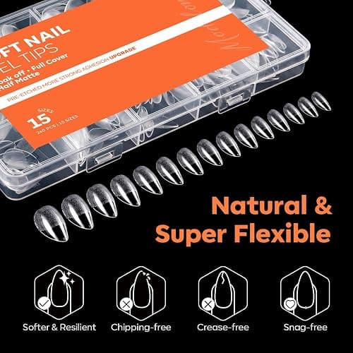 Modelones Almond Nail Tips, 40 Grit Pre-Etched Half Matte Short Almond | 15 Sizes Clear Fake Soft Gel Nails Tips Full Cover Acrylic Gel Kit Press On Nails for Extension Manicure DIY Salon 240Pcs thumbnail 7