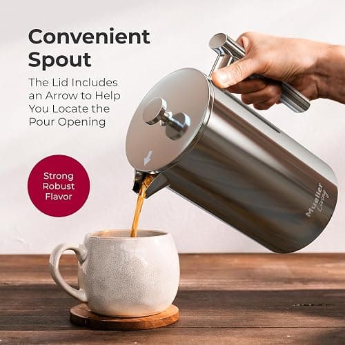 MuellerLiving French Press Coffee Maker 34oz, Stainless Steel French Press Coffee, 4 Filter Heat Resistant Double Insulated, Rust-Free, Food Grade, Dishwasher Safe Coffee Pot thumbnail 7
