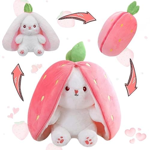 MIAODAM Bunny Stuffed Animal Reversible Cuddle Bunny Stuffed,Strawberry Bunny Transformed Rabbit Plush Zipper,Turns Into Ears Bunnies Plushies Toy Cute Stuffy Doll Easter Girlfriend Gift - Image 1