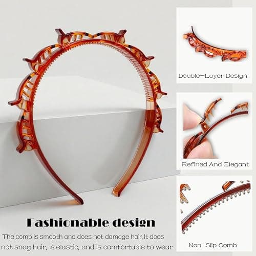 JASSINS 2 Pcs Bangs Hairstyle Hairpin Headband, Professional Weave Bangs Clip, Toothed Headband Braid Tool, Women Girls Fashion Hair Accessories (Black and Brown) thumbnail 5