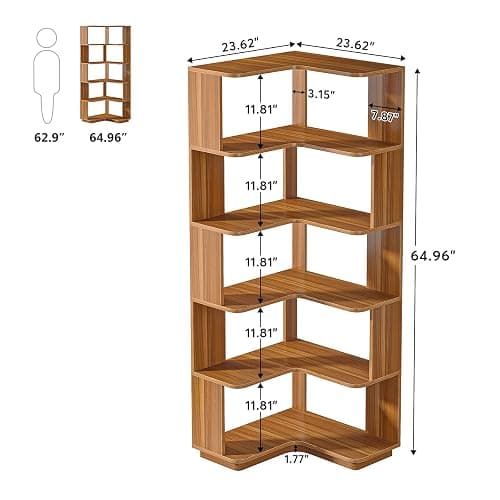 LITTLE TREE 6-Shelf Corner Bookshelf, 65” Tall L Shaped Bookcase, 6-Tier Industrial Corner Shelf Storage Display Rack for Living Room Home Office, Wood Grain Walnut thumbnail 3