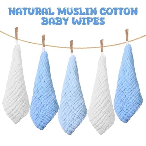 Breling 20 Pcs Baby Muslin Washcloth 12x12 in, White, Light Blue, Blue | 100% Cotton,Soft and Absorbent Burp Cloth, Wipe Newborn Face Body Towel, for Baby Boy Girl Sensitive Skin thumbnail 4