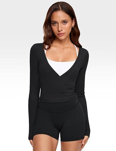 INGIA Womens V-Neck Long Sleeve Cross Wrap Top Slim Fit Soft Knit Layering Shirt Casual Yoga Gym Bandage Tie Tops thumbnail 4
