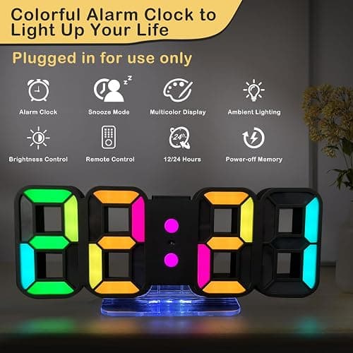 Seutgjie Horloge Murale Numérique Digitale Réveil Lumineux LED 14 RGB Couleur 12/24 Heures Mode Veille avec Télécommande Décoration Bureau Gaming Chevet Noir thumbnail 2