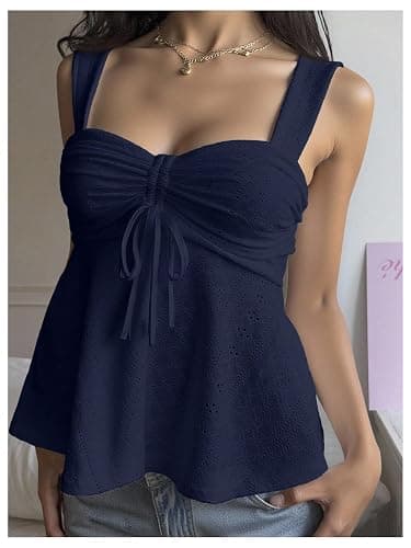 Milumia Women's Eyelet Tie Front Ruched Tank Tops Y2k Going Out Peplum Top | Babydoll, Sexy Slim Fit, Sleeveless, Flowy, Summer, Beach Vacation Outfits, Country Concert thumbnail 5