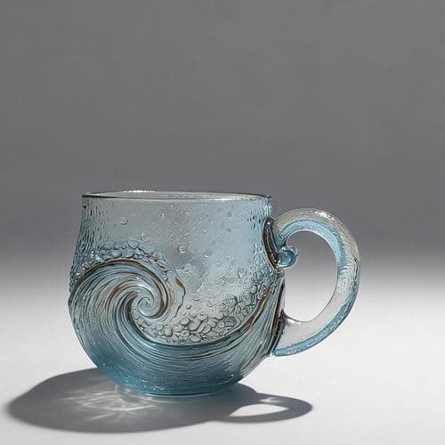 Sea Wave Handblown Glass Mug, 12 Oz Textured Ocean Design Cup for Coffee Wine Ice Drinks, Resin Drinkware Gift - Image 1
