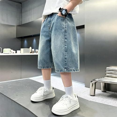 Boy's Denim Shorts Baggy Casual Jorts Elastic High Waist Wide Leg Jean Shorts Y2K Loose Fit Basic Bermuda Knee Length Jeans thumbnail 3