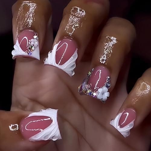 French Tip Press on Nails White Fake Nails Short Nail with Rhinestone Design Flower Glue on Nails Glossy Reusable Artificial Acrylic Full Cover False Nail Duck Stick on Nails for Women Manicure 24Pcs - Image 1