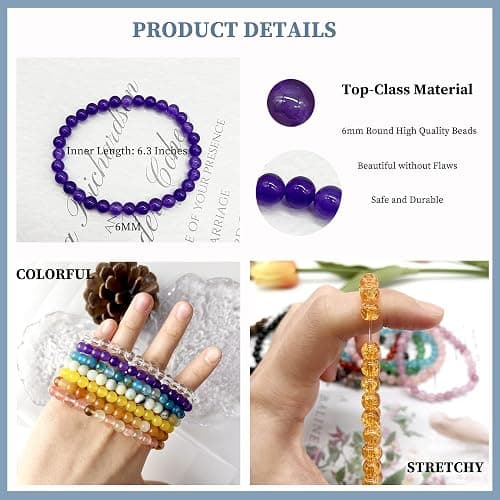 JEWPARK 20Pcs 6mm Gemstones Beaded Stretch Bracelet for Women Crystal Stone Bracelets Round Beads Semi-Precious Stretch Bracelet Set Unisex thumbnail 6