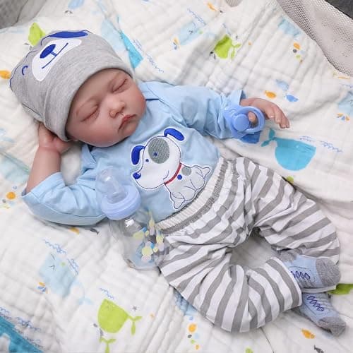 SYP Reborn Baby Dolls Boy - 20-Inch Realistic Reborn Dolls Boy in Blue Puppy Outfit, Grey Striped Trousers, Sleeping Position Real Life Baby with Dolls Accessories for Kids Age 3+ - Image 1