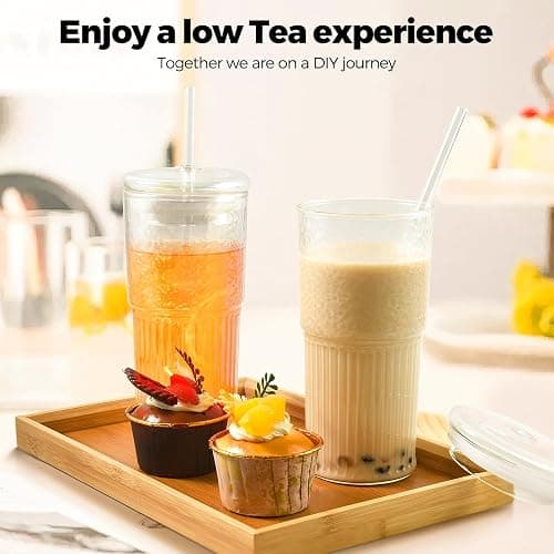 2PCS Glass Cups with Lids and Glass Straws, 20OZ Iced Coffee Cups, Home Essential and Coffee Bar Accessories Borosilicate Glass Tumblers with Lid and Straw for Beer, Cocktail, Tea and Latte, Clear thumbnail 2