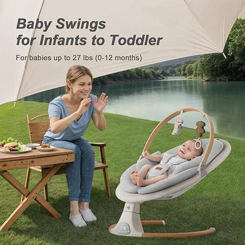 Baby Swings for Infants, Monamii Baby Swing, Bluetooth Infant Swing with Music Speaker, 5 Speeds and Remote Control, Indoor & Outdoor Use (Beige) - Beige thumbnail 2