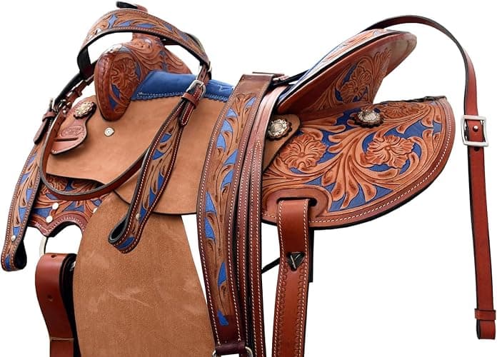 Royal Reins Leather Western Barrel Show Saddle Tan and Blue Dual Color Western Riding Saddle for Horse Durable Leather Comfortable Seat Secure Fit Equestrian Tack thumbnail 5